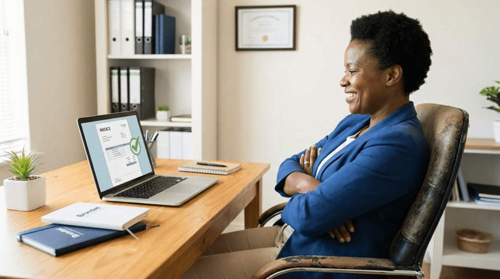 African small business owner using a free invoice generator to create professional invoices