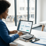 African small business owner creating a professional invoice on a laptop