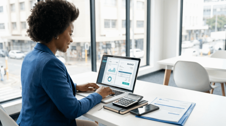 African small business owner creating a professional invoice on a laptop